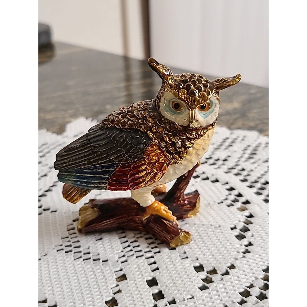 Rhinestone And Enamel Owl Trinket Box Heavy Well Made Excellent Condition 3"